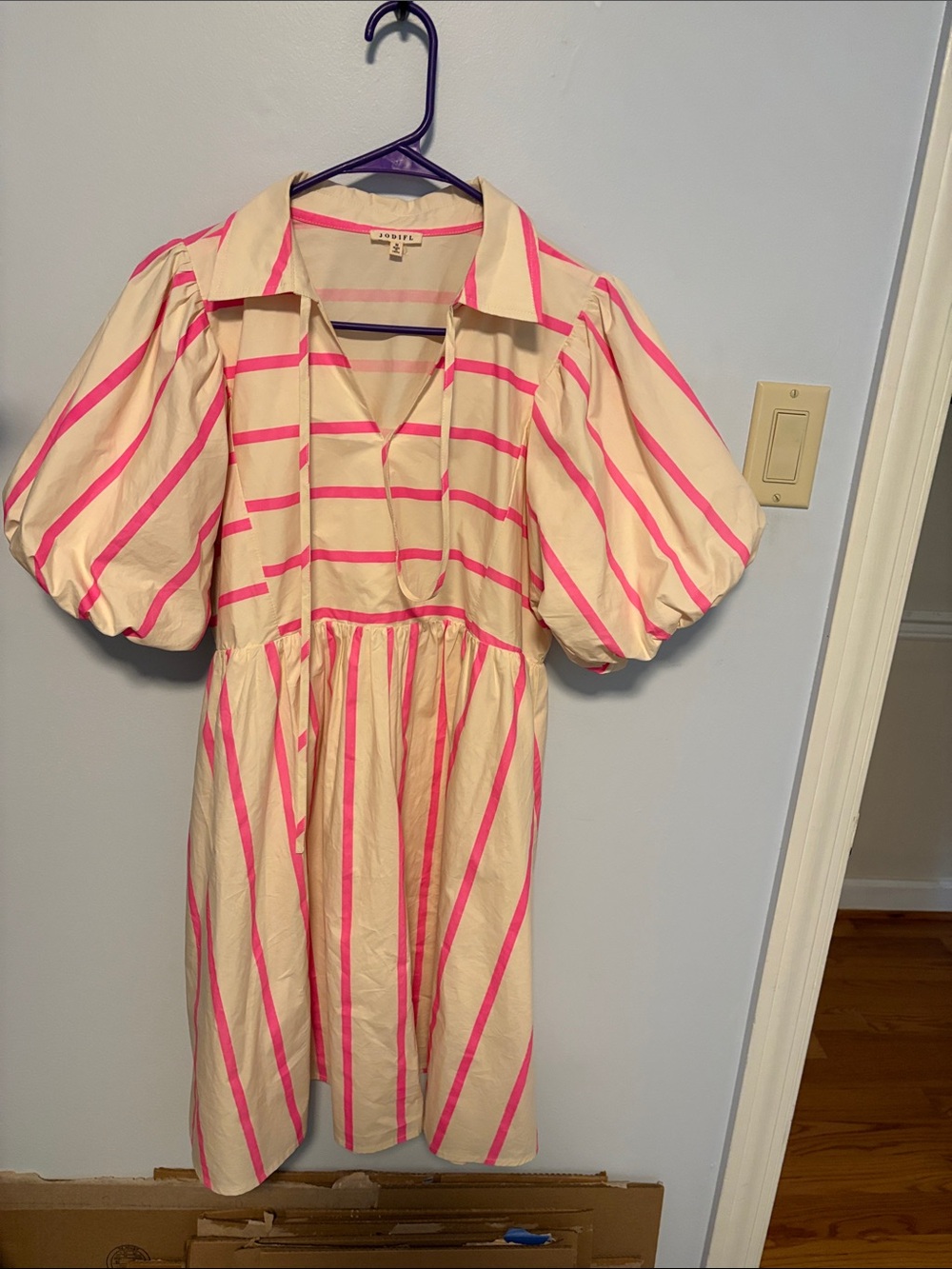 JODIFL Cream Dress with Hot Pink Stripes and Puff Sleeves